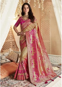 Pink And Yellow  Soft Silk Designer Saree